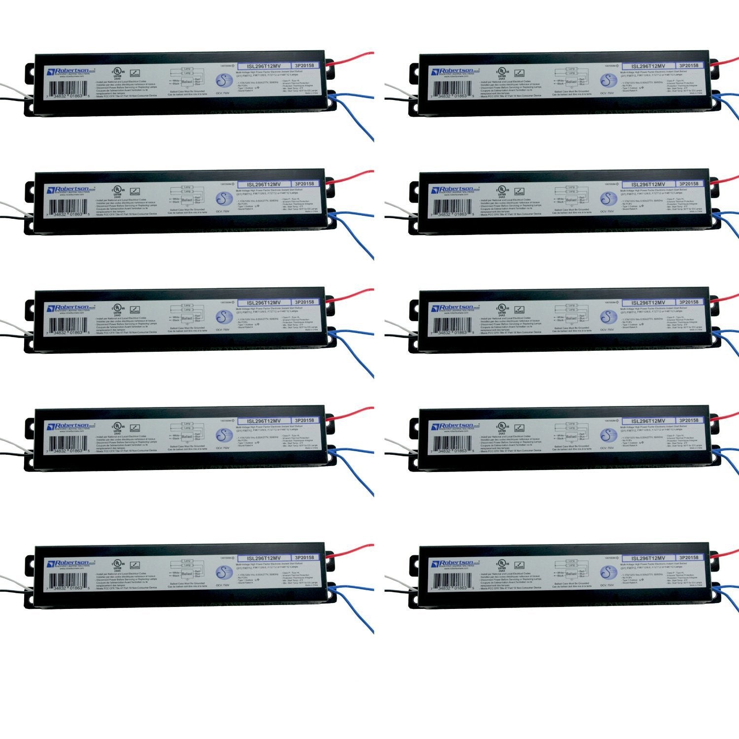 Robertson 2P20158 ISL296T12MV Pak of 10 Fluorescent eBallasts for 2 F96T12 Lamps, Instant Start, 120-277Vac, 50-60Hz, NBF, HPF,